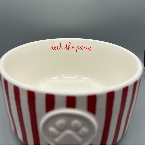 Rae Dunn Peppermint Striped DECK THE PAWS Dog Pet Bowl Paw Print Christmas New - Picture 2 of 3